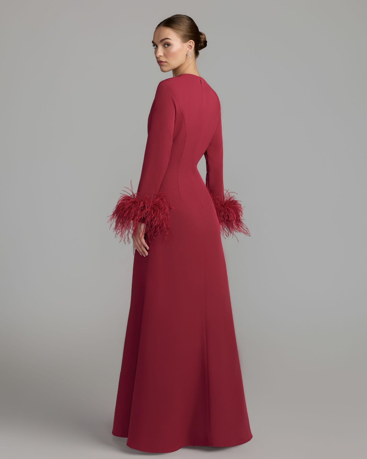 Mac Duggal Maroon Feather Cuff Long Sleeve A-Line Gown