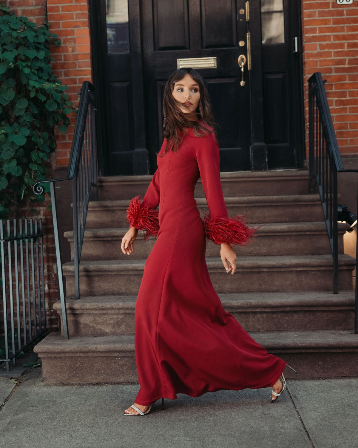 Mac Duggal Maroon Feather Cuff Long Sleeve A-Line Gown