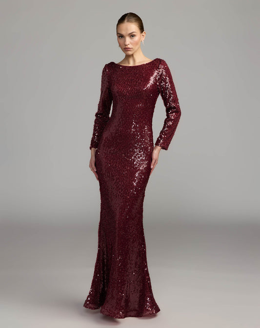 Mac Duggal Ruby Long Sleeve Cowl Back Sequin Gown