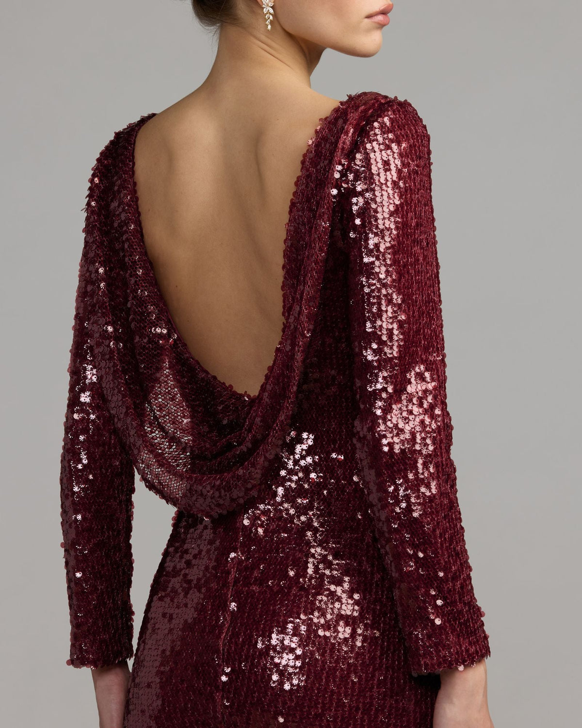 Mac Duggal Ruby Long Sleeve Cowl Back Sequin Gown