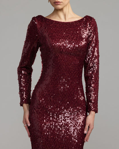 Mac Duggal Ruby Long Sleeve Cowl Back Sequin Gown
