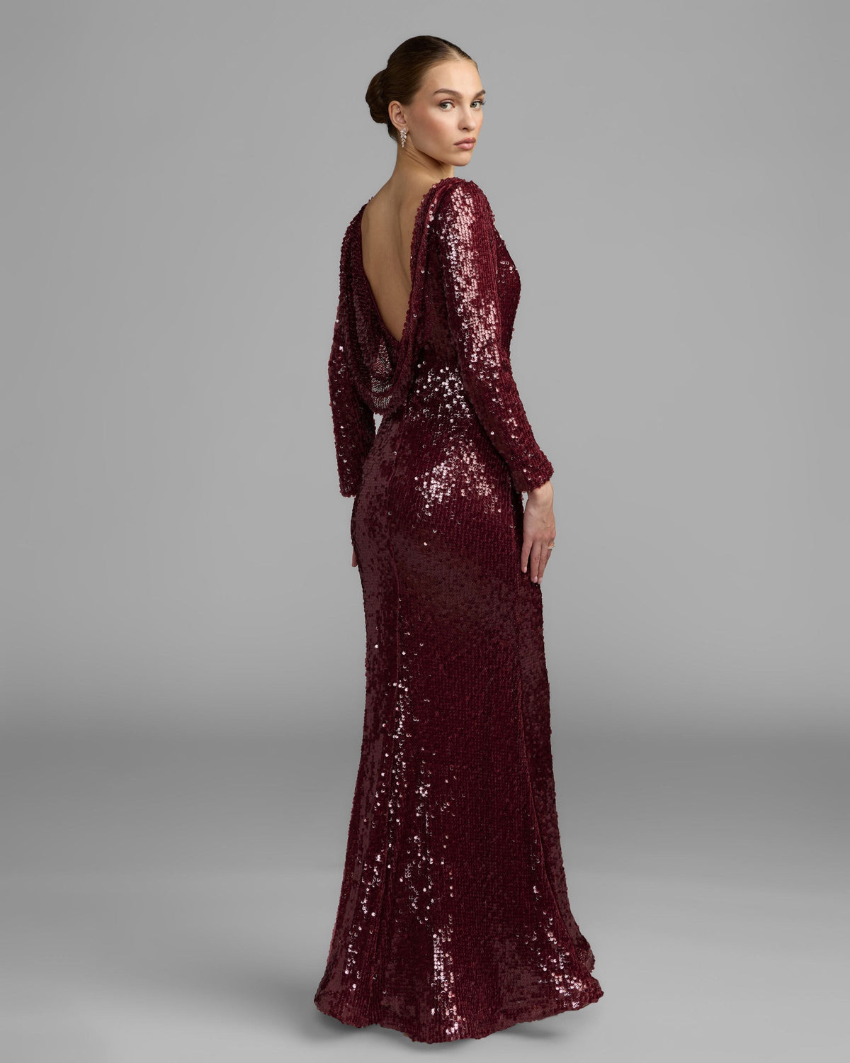 Mac Duggal Ruby Long Sleeve Cowl Back Sequin Gown