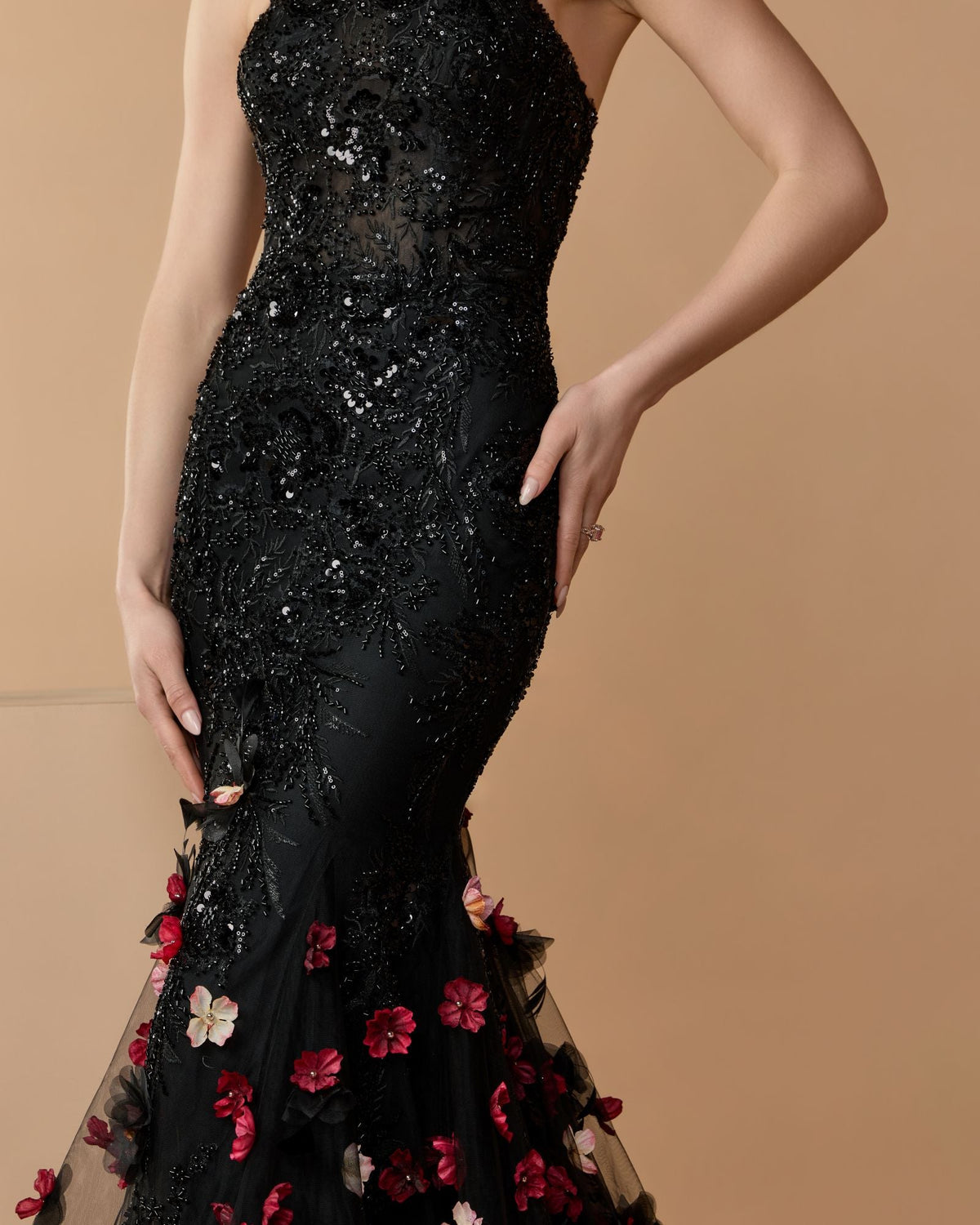 Mac Duggal Black Strapless Embellished Mermaid Gown With 3D Floral Hem