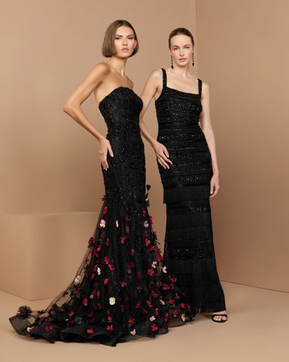 Mac Duggal Black Strapless Embellished Mermaid Gown With 3D Floral Hem