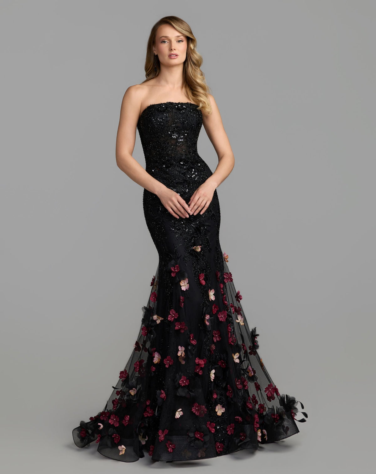 Mac Duggal Black Strapless Embellished Mermaid Gown With 3D Floral Hem