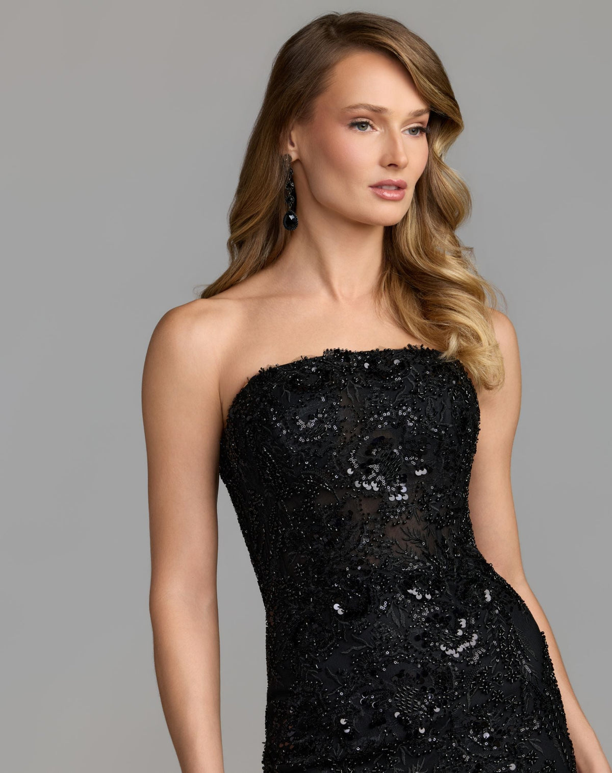 Mac Duggal Black Strapless Embellished Mermaid Gown With 3D Floral Hem