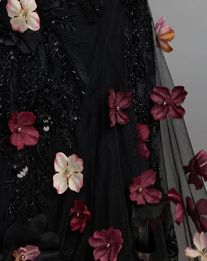 Mac Duggal Black Strapless Embellished Mermaid Gown With 3D Floral Hem