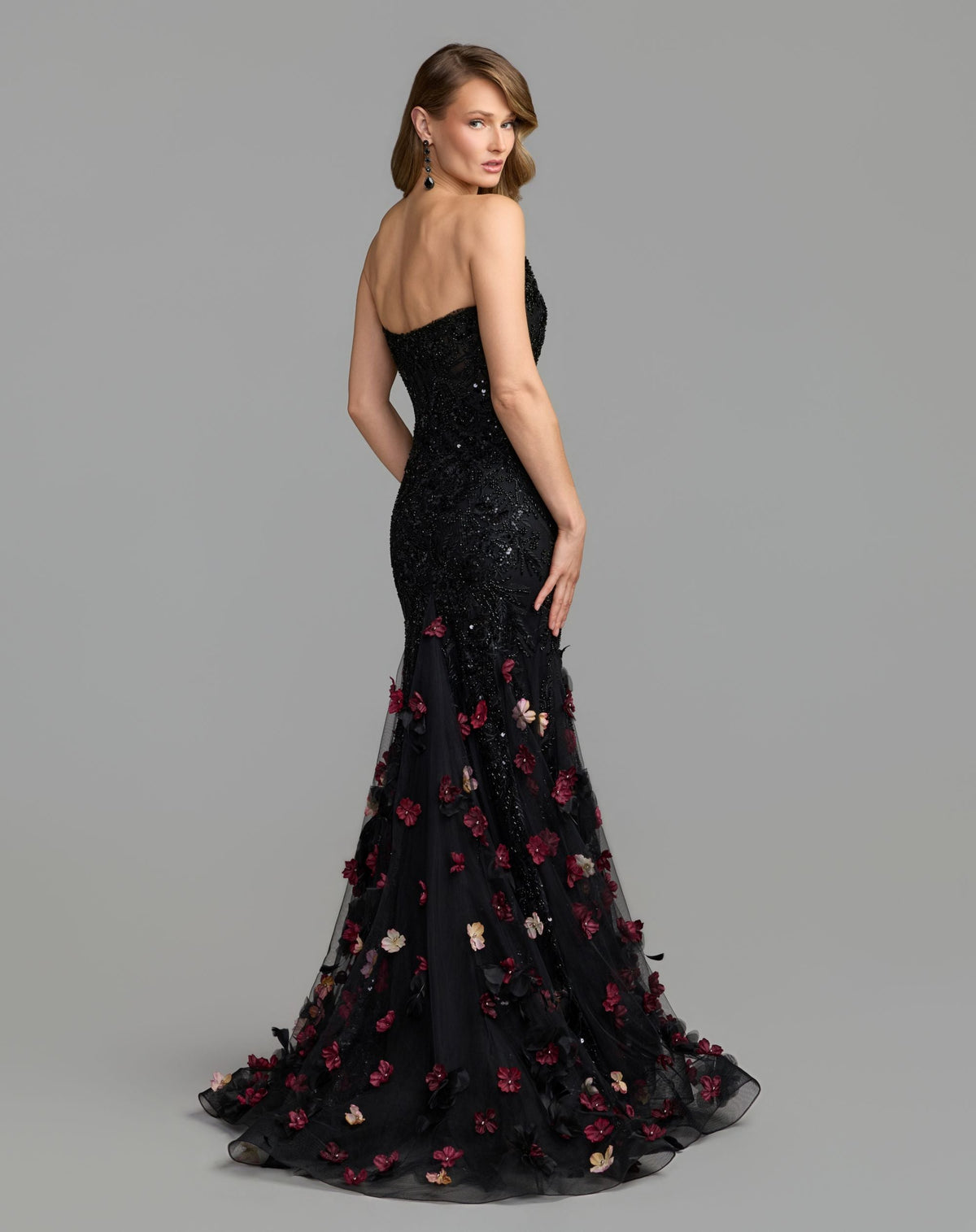 Mac Duggal Black Strapless Embellished Mermaid Gown With 3D Floral Hem