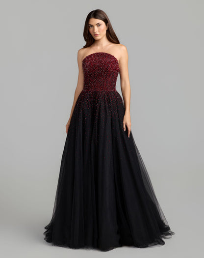Mac Duggal Red and Black Embellished Tulle Strapless Ball Gown