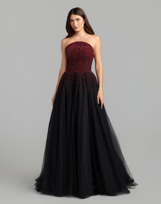 Mac Duggal Red and Black Embellished Tulle Strapless Ball Gown
