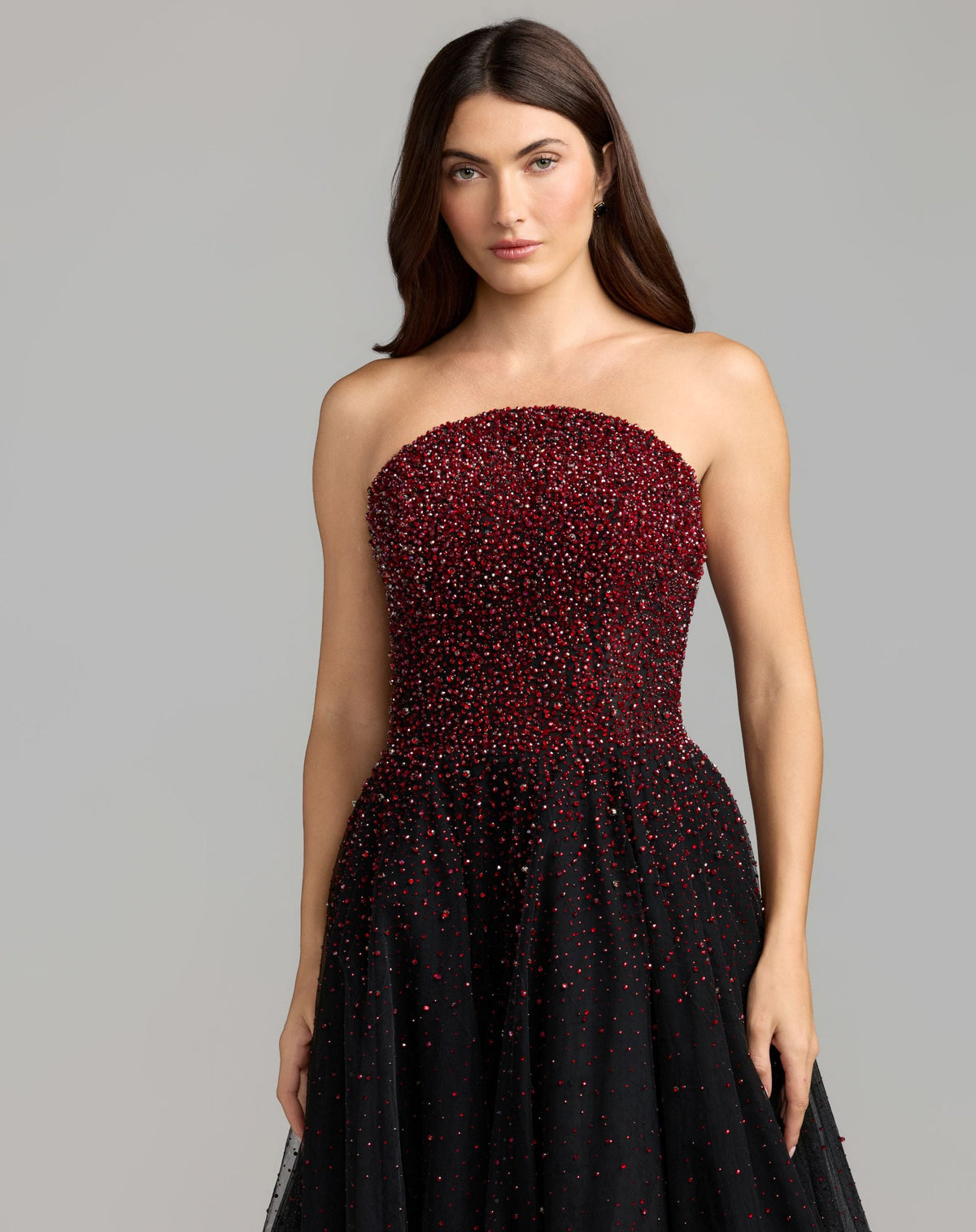 Mac Duggal Red and Black Embellished Tulle Strapless Ball Gown