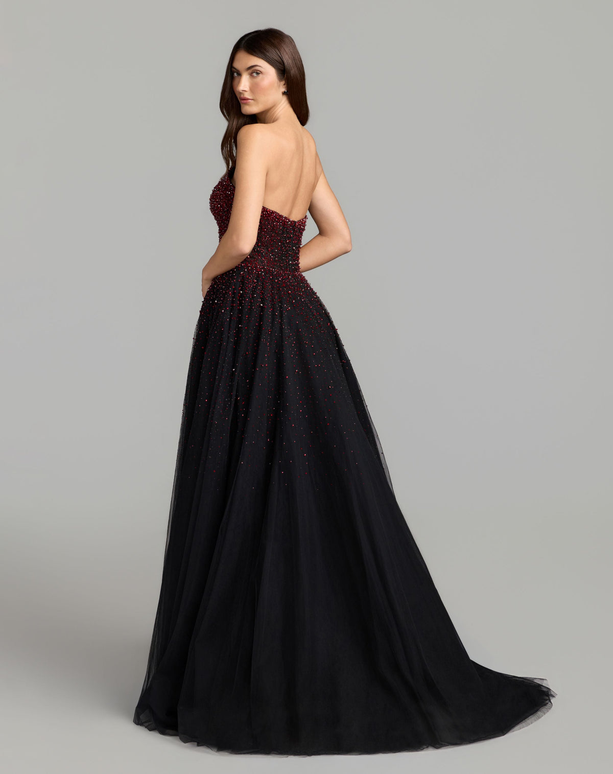 Mac Duggal Red and Black Embellished Tulle Strapless Ball Gown