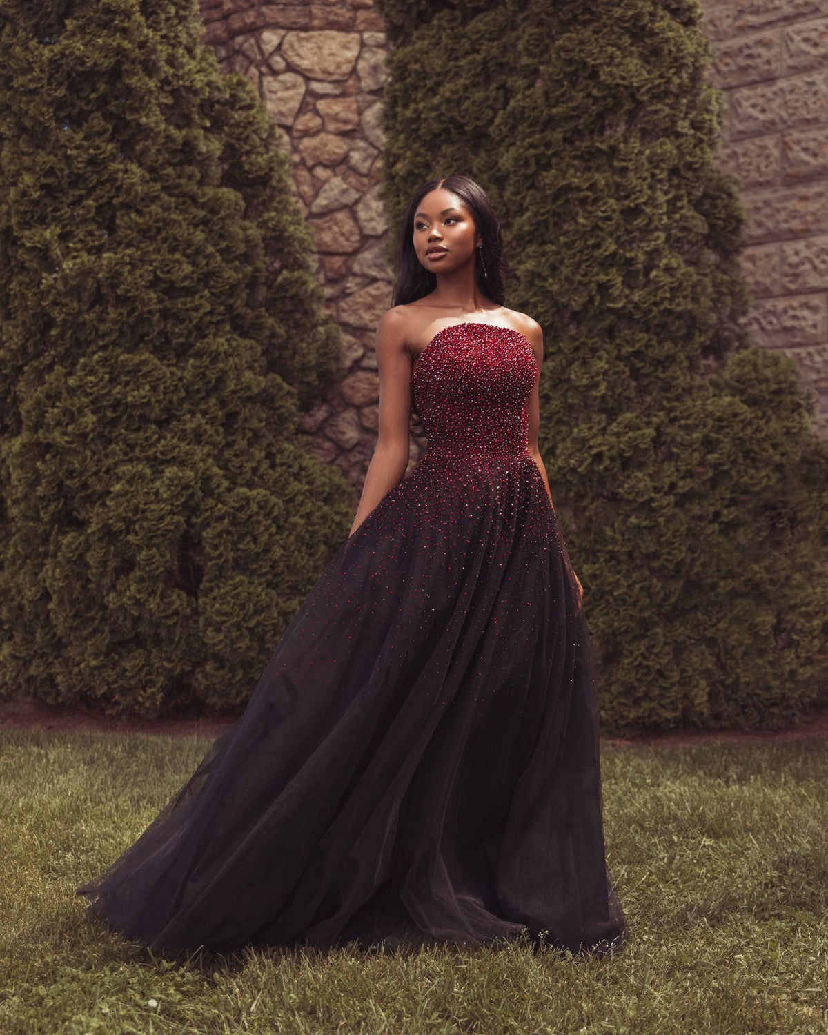 Mac Duggal Red and Black Embellished Tulle Strapless Ball Gown