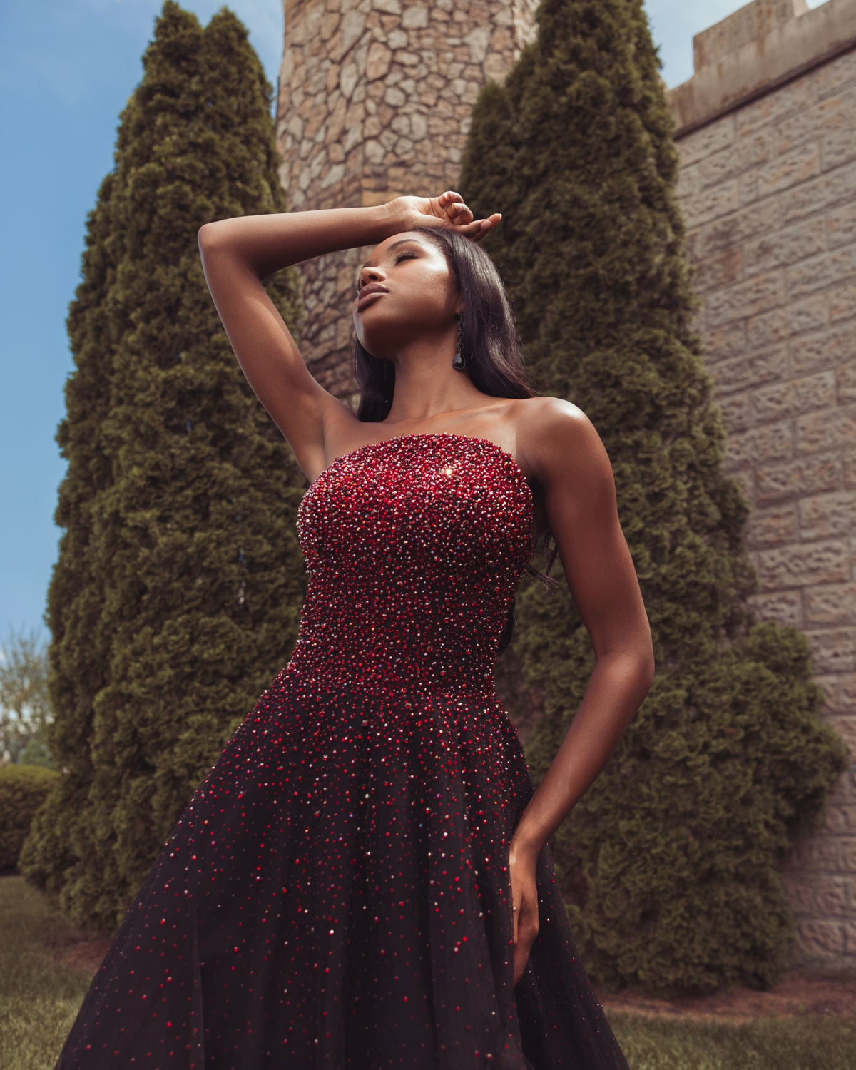 Mac Duggal Red and Black Embellished Tulle Strapless Ball Gown
