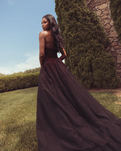 Mac Duggal Red and Black Embellished Tulle Strapless Ball Gown