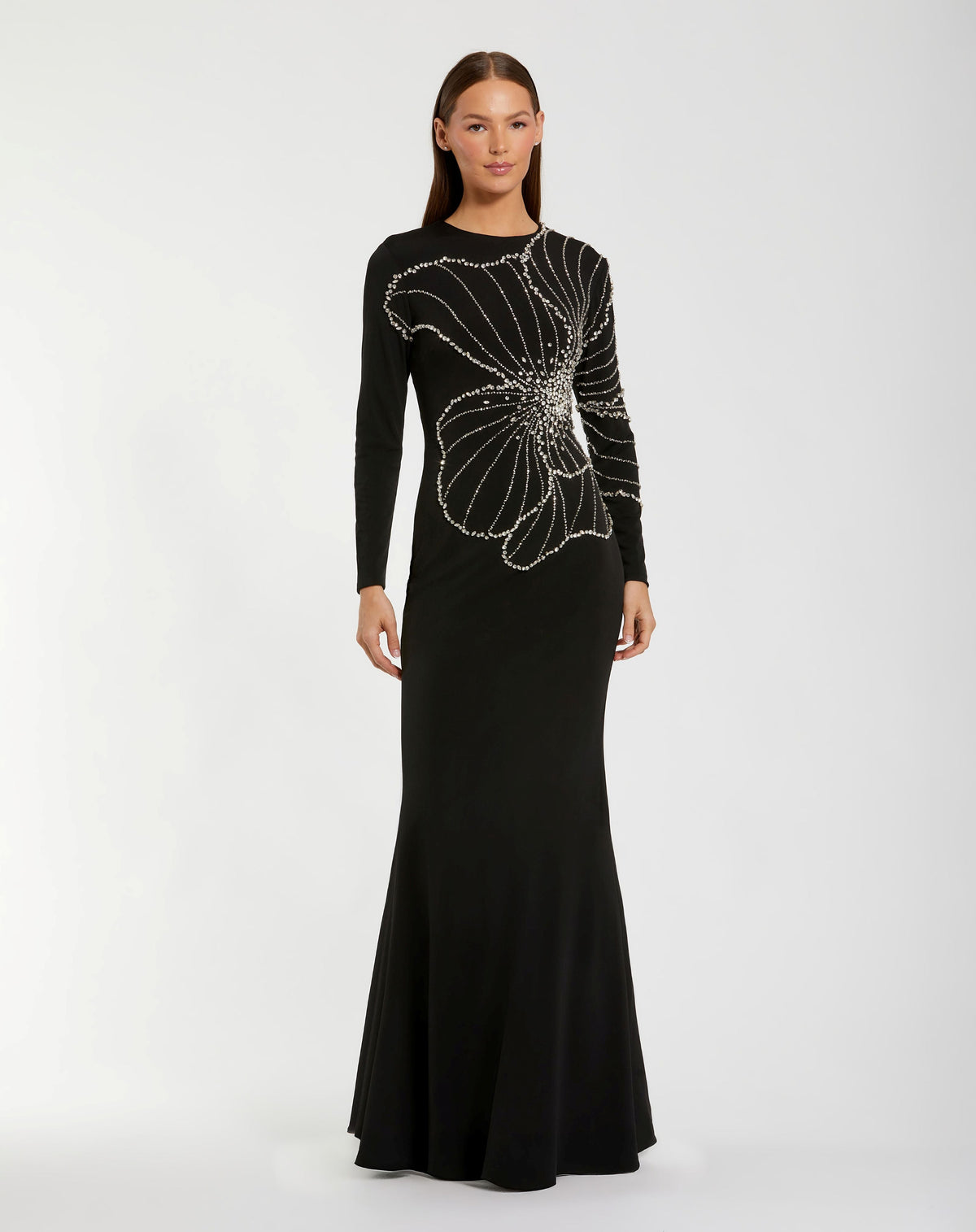 Mac Duggal Black Long Sleeve Jersey Gown With Beaded Flower