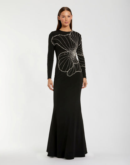 Mac Duggal Black Long Sleeve Jersey Gown With Beaded Flower
