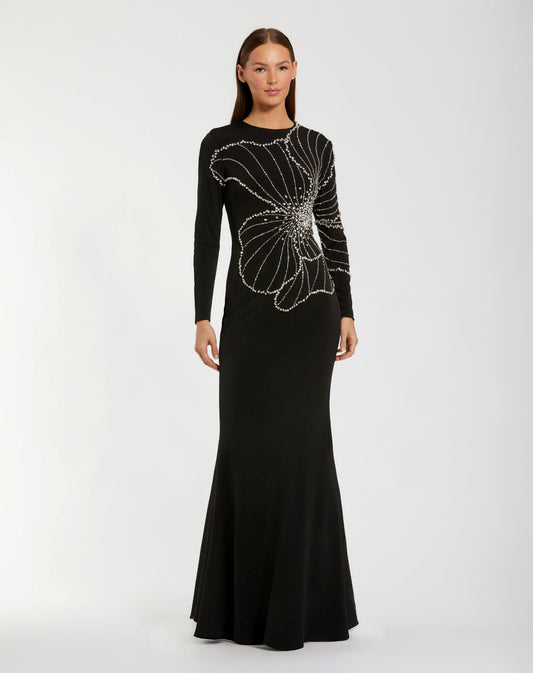 Mac Duggal Black Long Sleeve Jersey Gown With Beaded Flower