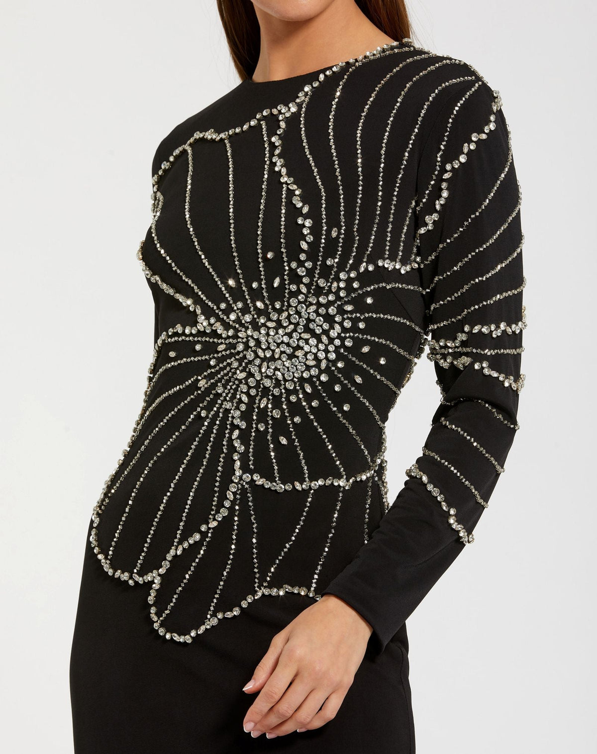 Mac Duggal Black Long Sleeve Jersey Gown With Beaded Flower