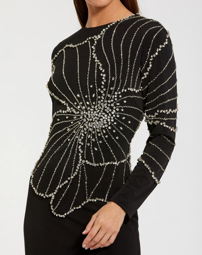 Mac Duggal Black Long Sleeve Jersey Gown With Beaded Flower