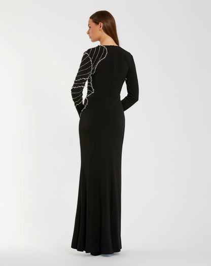 Mac Duggal Black Long Sleeve Jersey Gown With Beaded Flower