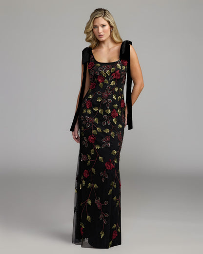 Mac Duggal Black Red 3D Floral Embellished Gown With Velvet Bows