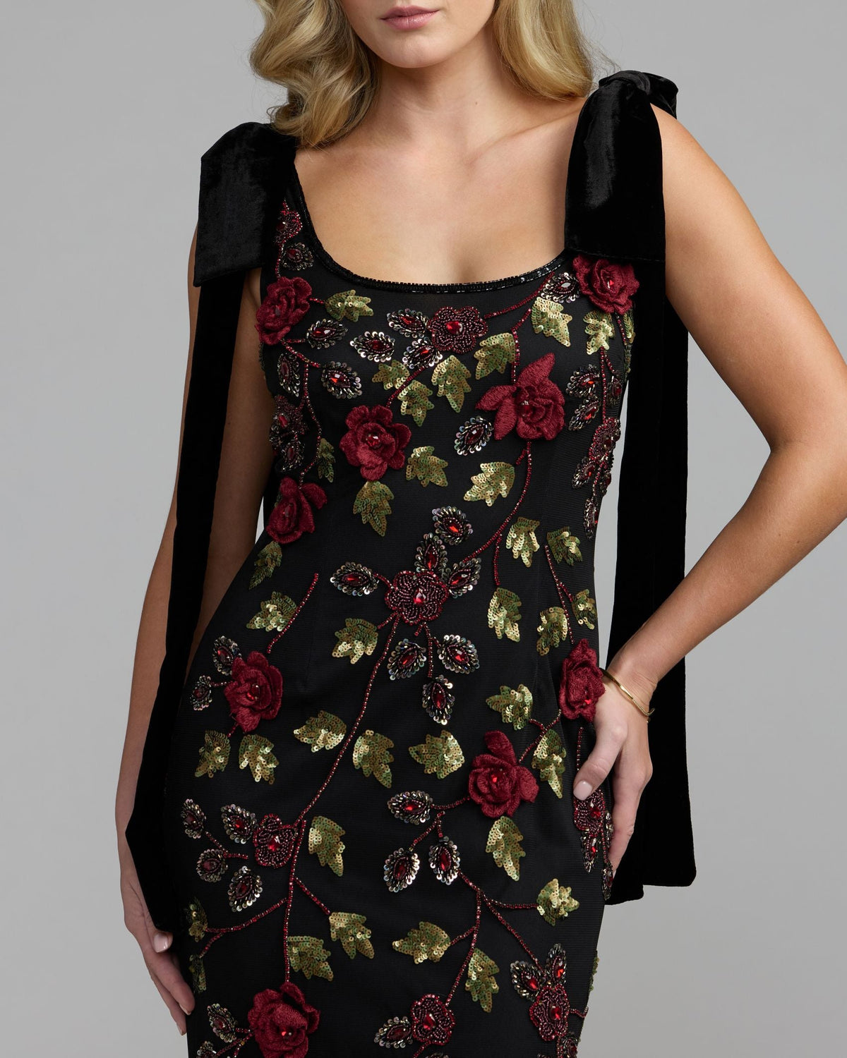 Mac Duggal Black Red 3D Floral Embellished Gown With Velvet Bows