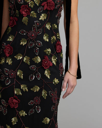 Mac Duggal Black Red 3D Floral Embellished Gown With Velvet Bows