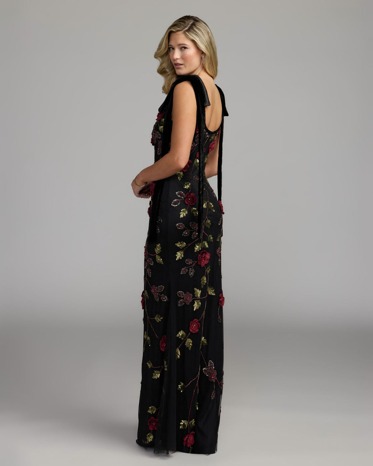 Mac Duggal Black Red 3D Floral Embellished Gown With Velvet Bows