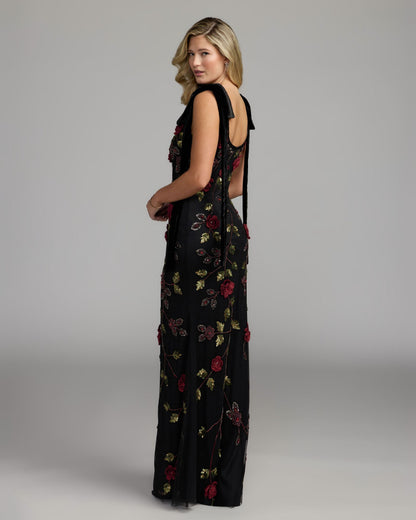 Mac Duggal Black Red 3D Floral Embellished Gown With Velvet Bows
