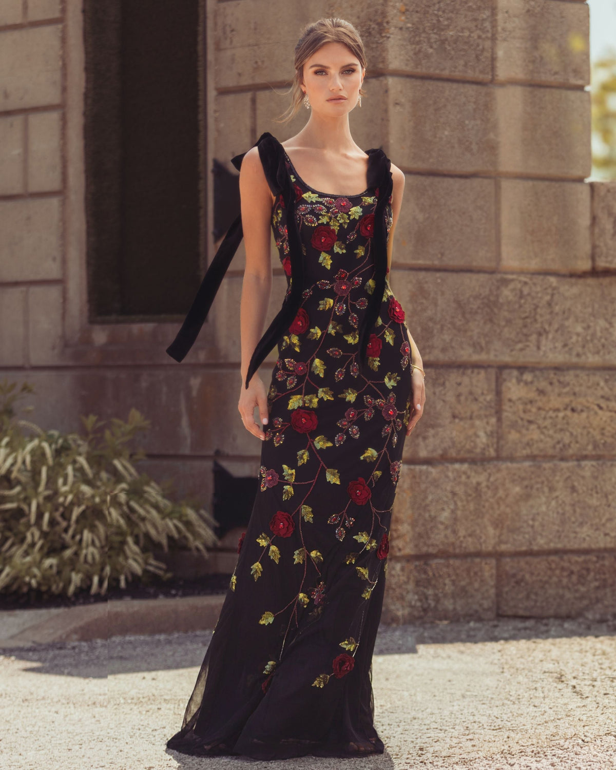 Mac Duggal Black Red 3D Floral Embellished Gown With Velvet Bows