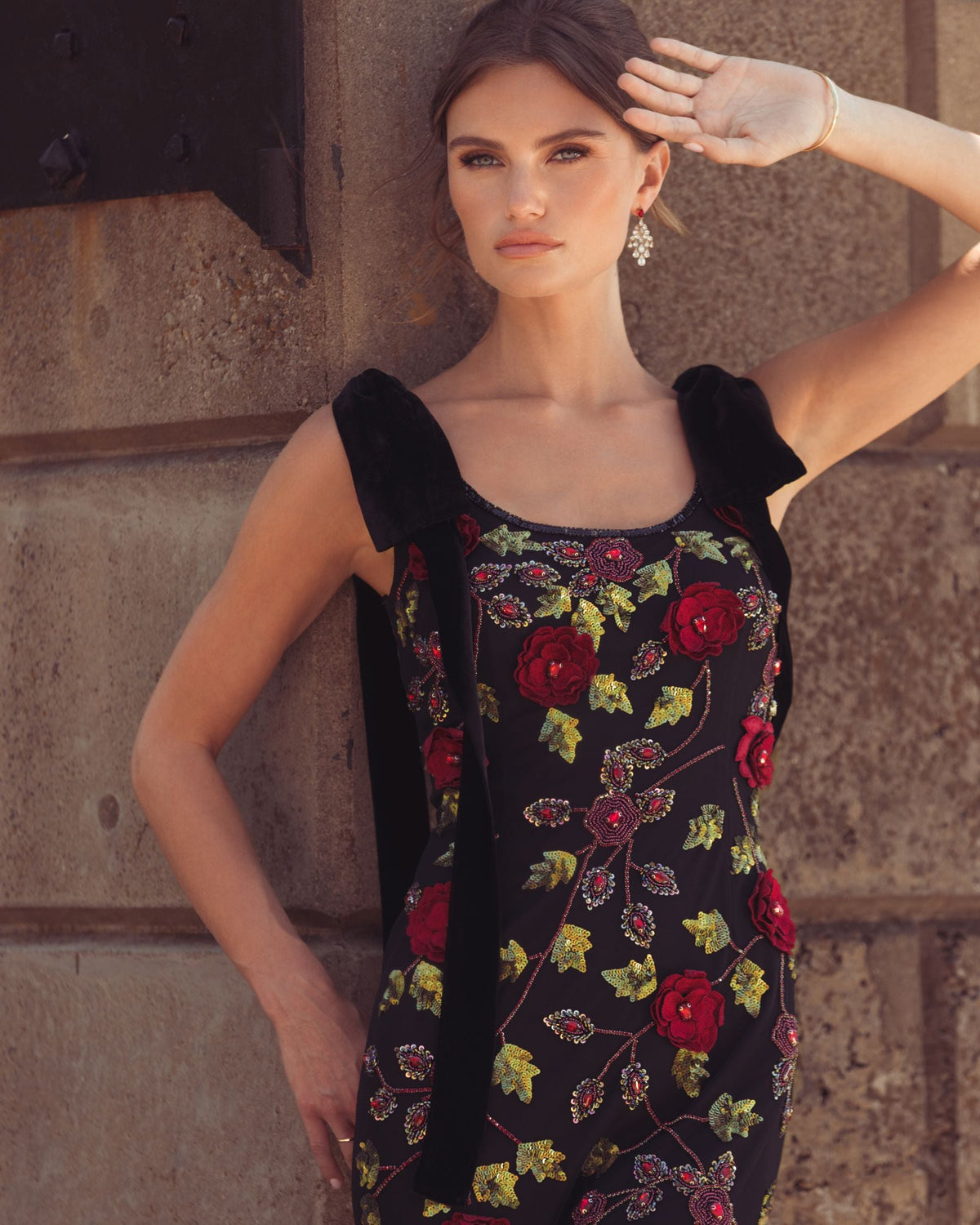 Mac Duggal Black Red 3D Floral Embellished Gown With Velvet Bows