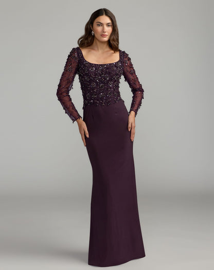 Mac Duggal Purple Long Sleeve Beaded Column Gown