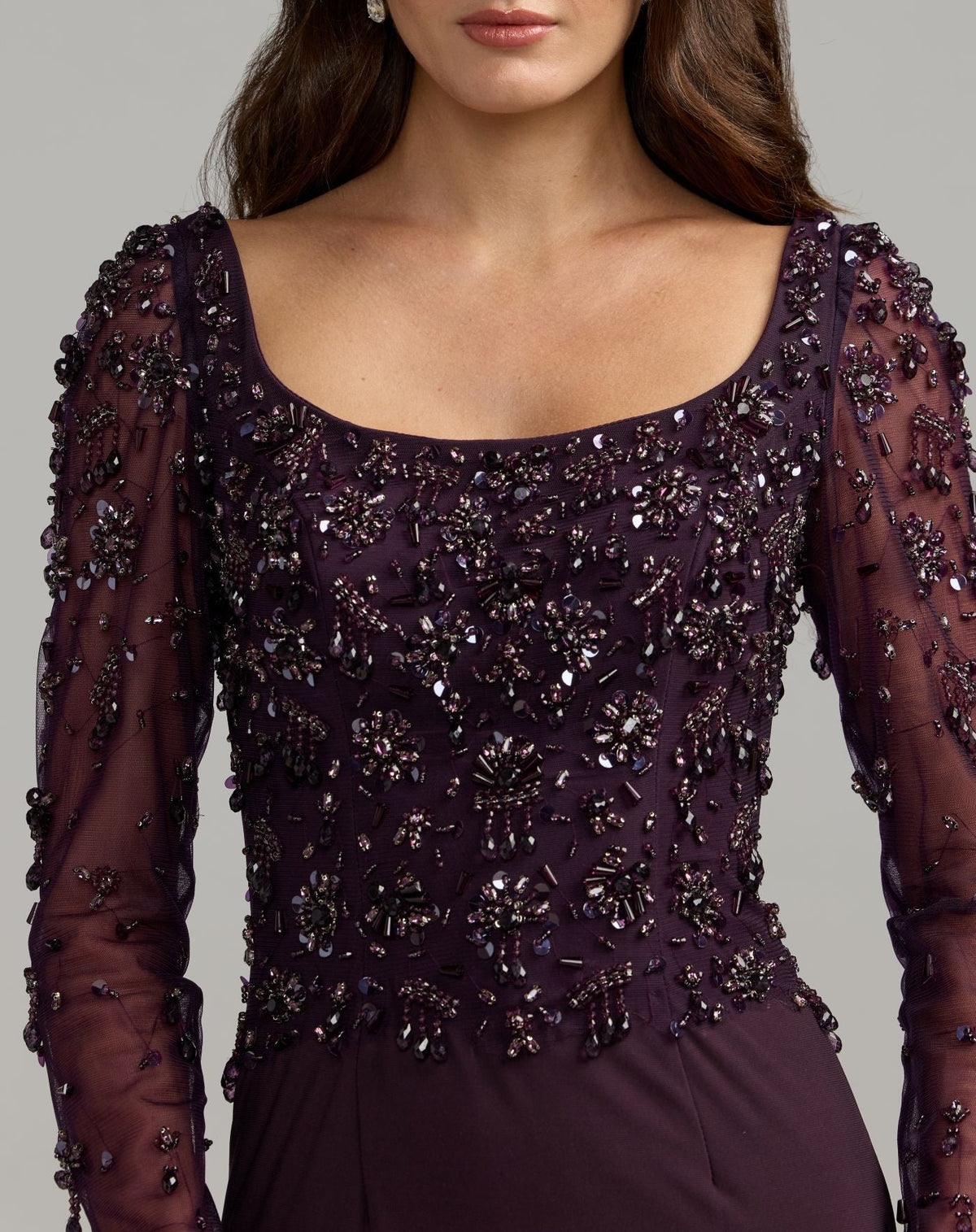 Mac Duggal Purple Long Sleeve Beaded Column Gown