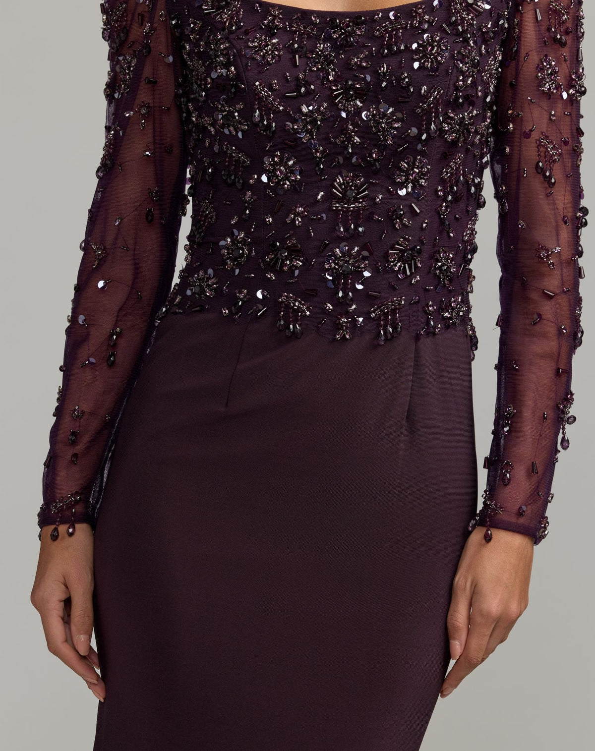 Mac Duggal Purple Long Sleeve Beaded Column Gown