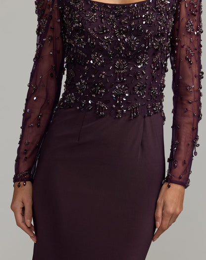Mac Duggal Purple Long Sleeve Beaded Column Gown