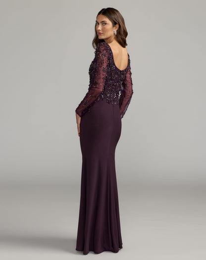 Mac Duggal Purple Long Sleeve Beaded Column Gown