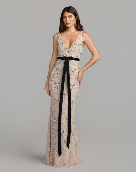 Mac Duggal Beige Beaded Bow Sleeveless V-Neck Gown