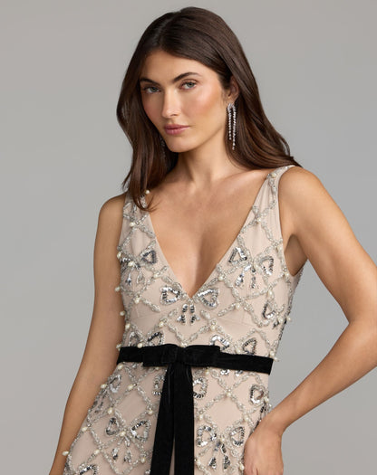 Mac Duggal Beige Beaded Bow Sleeveless V-Neck Gown