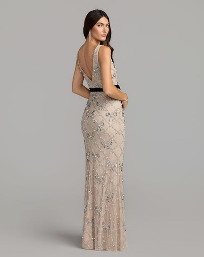 Mac Duggal Beige Beaded Bow Sleeveless V-Neck Gown