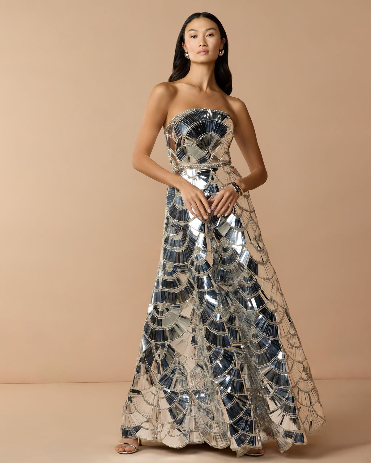 Mac Duggal Silver Hand Embellished Strapless Ball Gown