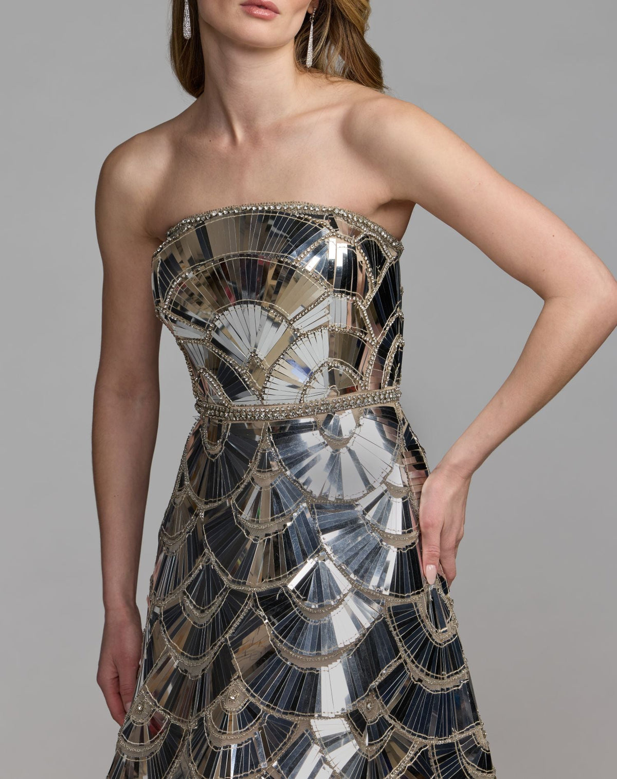 Mac Duggal Silver Hand Embellished Strapless Ball Gown