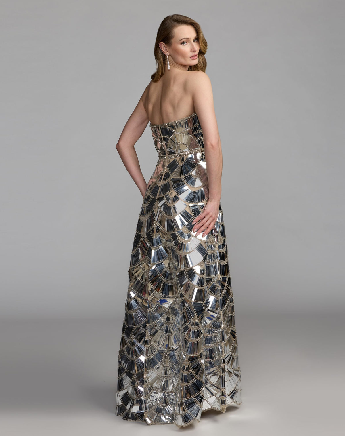 Mac Duggal Silver Hand Embellished Strapless Ball Gown