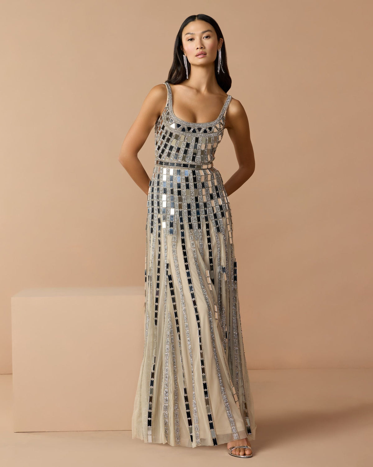 Mac Duggal Silver Mirror Embellished Sleeveless Evening Gown