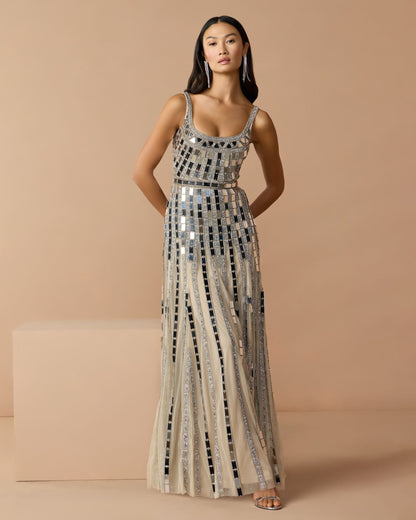 Mac Duggal Silver Mirror Embellished Sleeveless Evening Gown