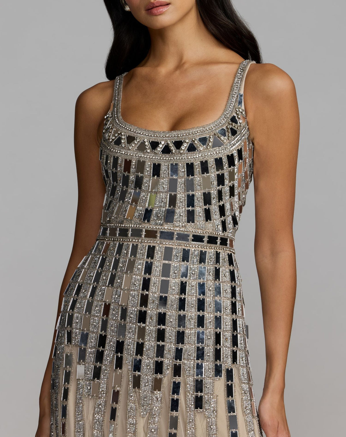 Mac Duggal Silver Mirror Embellished Sleeveless Evening Gown
