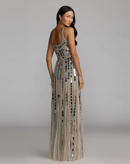 Mac Duggal Silver Mirror Embellished Sleeveless Evening Gown
