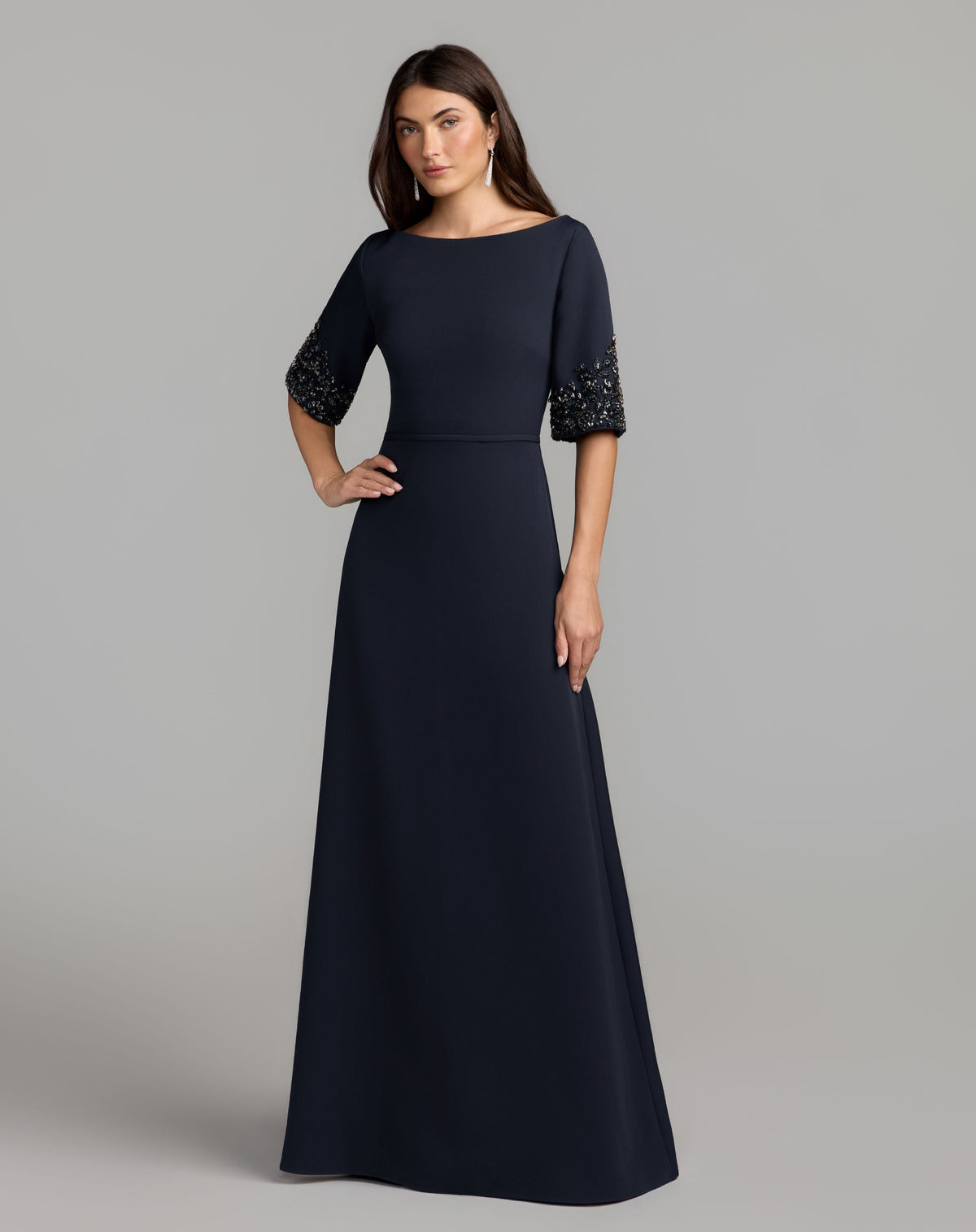 Mac Duggal Navy A-Line Crepe Gown With Beaded Sleeves