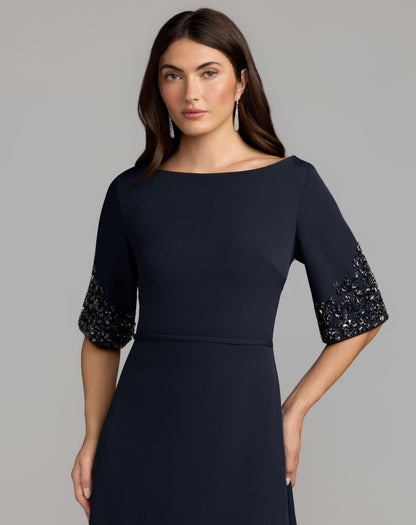 Mac Duggal Navy A-Line Crepe Gown With Beaded Sleeves