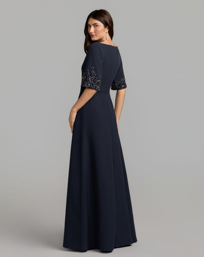 Mac Duggal Navy A-Line Crepe Gown With Beaded Sleeves